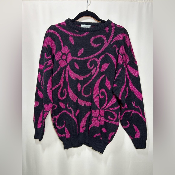 Vintage 80s Ann Hill Floral-Esc Pink and Black Shimmery Sweater - Picture 2 of 6